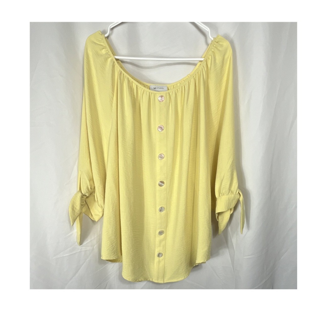 AB Studio Yellow Tie Sleeve Button Front Blouse 1X Scoop‎ Neck Tunic Casual